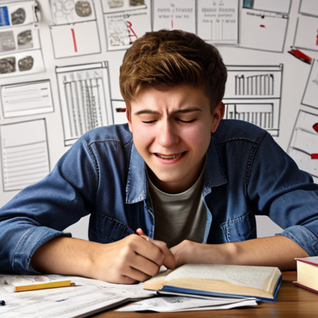 A student feeling relieved yet regretful after finishing the Transportation Engineer exam, with books and notes scattered around, depicting a mix of accomplishment and lingering doubts.
