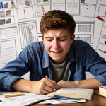 A student feeling relieved yet regretful after finishing the Transportation Engineer exam, with books and notes scattered around, depicting a mix of accomplishment and lingering doubts.