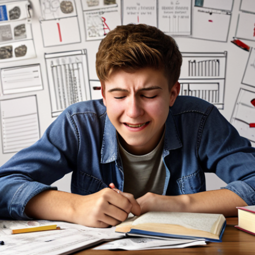 Home 21 A student feeling relieved yet regretful after finishing the Transportation Engineer exam, with books and notes scattered around, depicting a mix of accomplishment and lingering doubts.