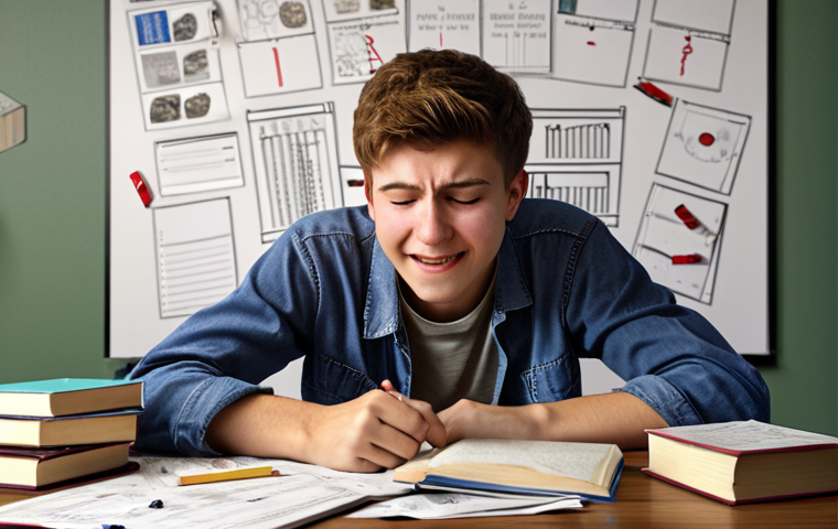 A student feeling relieved yet regretful after finishing the Transportation Engineer exam, with books and notes scattered around, depicting a mix of accomplishment and lingering doubts.