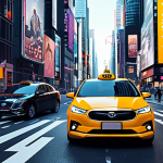 **AI-powered taxis navigating a futuristic city, showcasing efficient routes and personalized passenger experiences, highlighting data analysis for improved service.**
