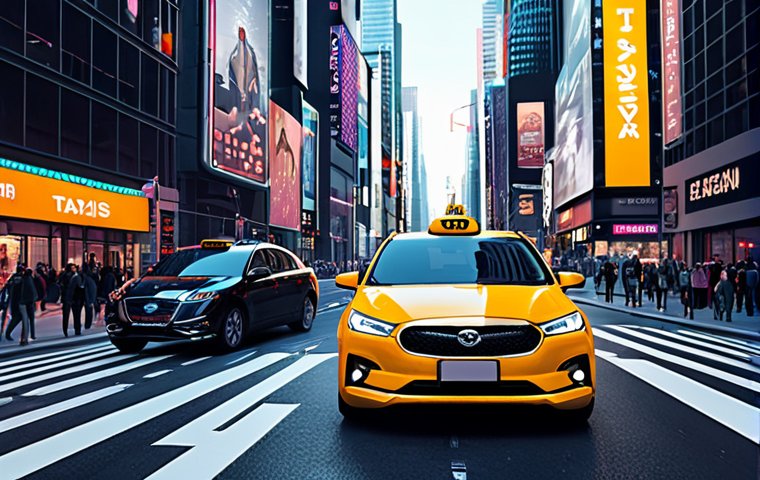 **AI-powered taxis navigating a futuristic city, showcasing efficient routes and personalized passenger experiences, highlighting data analysis for improved service.**