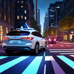 A futuristic city street scene at night, showcasing a self-driving car navigating a crosswalk illuminated by bright LED lights embedded in the pavement. The scene emphasizes data visualization overlays on the car's windshield and connected IoT sensors on streetlights, illustrating the digital transformation of traffic safety.