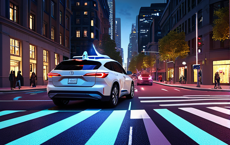 A futuristic city street scene at night, showcasing a self-driving car navigating a crosswalk illuminated by bright LED lights embedded in the pavement. The scene emphasizes data visualization overlays on the car's windshield and connected IoT sensors on streetlights, illustrating the digital transformation of traffic safety.