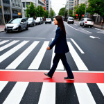 A responsible driver in a modest business casual outfit is seen from a slightly elevated side angle, inside a modern, clean car that is fully stopped at a marked crosswalk. Outside the car, a mother and her young child, both fully clothed in appropriate, family-friendly attire, are safely walking across the street. The background shows a well-maintained urban intersection during daytime, with clear pedestrian crossing markings and traffic lights indicating a red signal for the turning lane. Professional photography, high resolution, perfect anatomy, correct proportions, natural pose, well-formed hands, proper finger count, natural body proportions, safe for work, appropriate content, fully clothed, family-friendly.