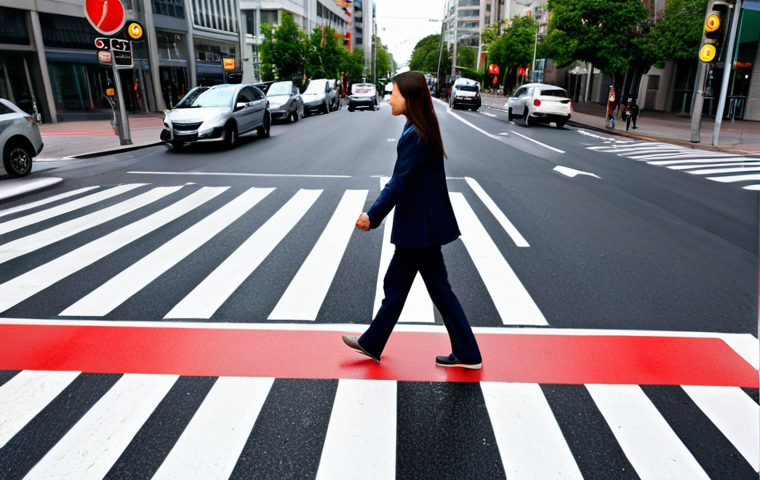 A responsible driver in a modest business casual outfit is seen from a slightly elevated side angle, inside a modern, clean car that is fully stopped at a marked crosswalk. Outside the car, a mother and her young child, both fully clothed in appropriate, family-friendly attire, are safely walking across the street. The background shows a well-maintained urban intersection during daytime, with clear pedestrian crossing markings and traffic lights indicating a red signal for the turning lane. Professional photography, high resolution, perfect anatomy, correct proportions, natural pose, well-formed hands, proper finger count, natural body proportions, safe for work, appropriate content, fully clothed, family-friendly.