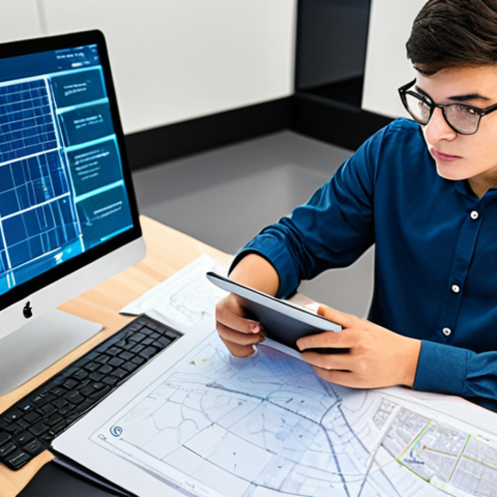 A focused traffic engineering student, wearing a modest, professional casual shirt and trousers, sitting at a sleek desk. They are looking intently at a tablet or monitor displaying intricate smart city traffic flow simulations and autonomous vehicle data. Beside them, physical notebooks with detailed diagrams and calculations are open. The background is a clean, well-lit modern study space with subtle tech elements. The image should convey deep concentration and intellectual curiosity. Professional photography, high-quality, realistic, daylight, safe for work, appropriate content, fully clothed, perfect anatomy, correct proportions, natural pose, well-formed hands, proper finger count, natural body proportions, family-friendly.