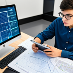 A focused traffic engineering student, wearing a modest, professional casual shirt and trousers, sitting at a sleek desk. They are looking intently at a tablet or monitor displaying intricate smart city traffic flow simulations and autonomous vehicle data. Beside them, physical notebooks with detailed diagrams and calculations are open. The background is a clean, well-lit modern study space with subtle tech elements. The image should convey deep concentration and intellectual curiosity. Professional photography, high-quality, realistic, daylight, safe for work, appropriate content, fully clothed, perfect anatomy, correct proportions, natural pose, well-formed hands, proper finger count, natural body proportions, family-friendly.