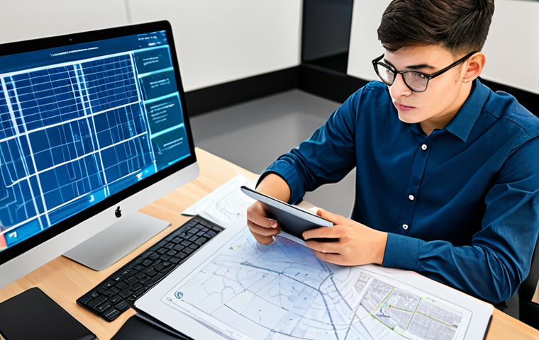 A focused traffic engineering student, wearing a modest, professional casual shirt and trousers, sitting at a sleek desk. They are looking intently at a tablet or monitor displaying intricate smart city traffic flow simulations and autonomous vehicle data. Beside them, physical notebooks with detailed diagrams and calculations are open. The background is a clean, well-lit modern study space with subtle tech elements. The image should convey deep concentration and intellectual curiosity. Professional photography, high-quality, realistic, daylight, safe for work, appropriate content, fully clothed, perfect anatomy, correct proportions, natural pose, well-formed hands, proper finger count, natural body proportions, family-friendly.