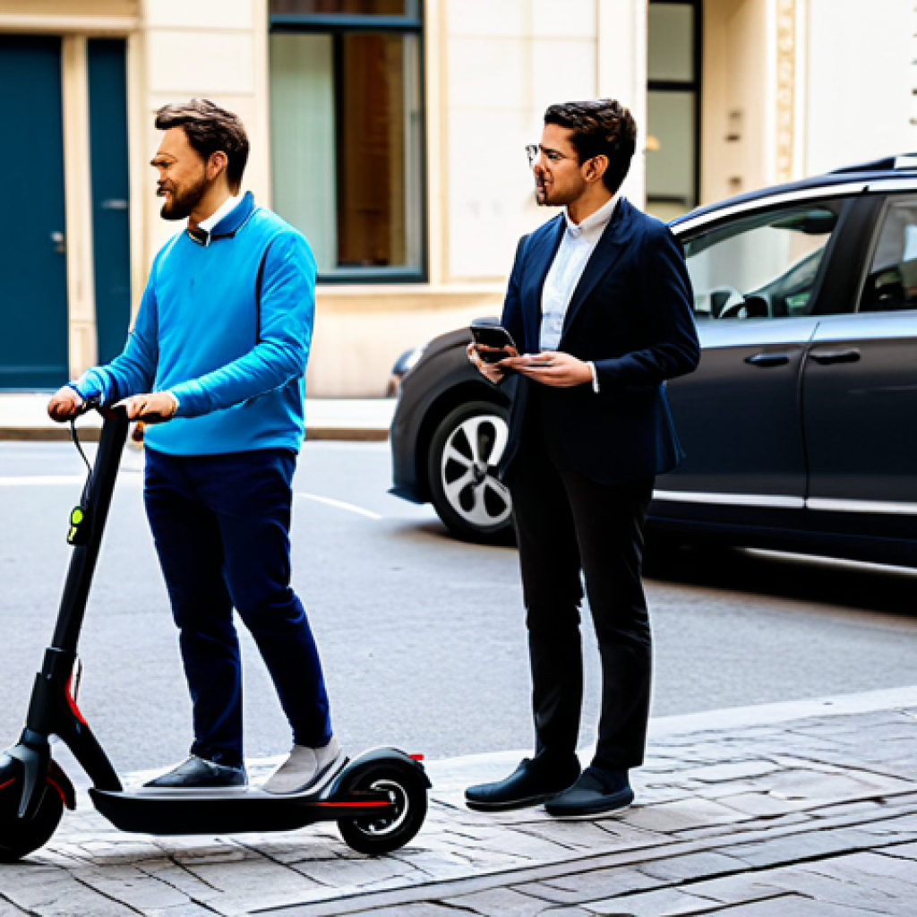 A diverse group of professional individuals, fully clothed in modest business casual and smart attire, navigating a vibrant, clean urban environment during daytime. One person interacts with a smartphone displaying a sleek, user-friendly mobility app. Another approaches a shared electric scooter, while a third is entering a car-sharing vehicle. The scene emphasizes urban convenience, seamless integration of on-demand services, and personalized travel. Professional photography, high resolution, soft lighting, natural colors, safe for work, appropriate content, perfect anatomy, correct proportions, natural pose, well-formed hands, proper finger count, natural body proportions, family-friendly.