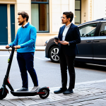 A diverse group of professional individuals, fully clothed in modest business casual and smart attire, navigating a vibrant, clean urban environment during daytime. One person interacts with a smartphone displaying a sleek, user-friendly mobility app. Another approaches a shared electric scooter, while a third is entering a car-sharing vehicle. The scene emphasizes urban convenience, seamless integration of on-demand services, and personalized travel. Professional photography, high resolution, soft lighting, natural colors, safe for work, appropriate content, perfect anatomy, correct proportions, natural pose, well-formed hands, proper finger count, natural body proportions, family-friendly.