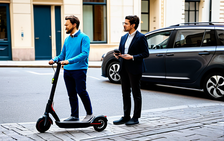 A diverse group of professional individuals, fully clothed in modest business casual and smart attire, navigating a vibrant, clean urban environment during daytime. One person interacts with a smartphone displaying a sleek, user-friendly mobility app. Another approaches a shared electric scooter, while a third is entering a car-sharing vehicle. The scene emphasizes urban convenience, seamless integration of on-demand services, and personalized travel. Professional photography, high resolution, soft lighting, natural colors, safe for work, appropriate content, perfect anatomy, correct proportions, natural pose, well-formed hands, proper finger count, natural body proportions, family-friendly.