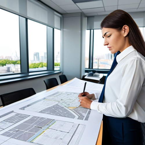 A female traffic engineer reviewing blueprints in a modern city planning office.**

"A dedicated female traffic engineer, fully clothed in a professional blouse and slacks, is meticulously reviewing blueprints in a brightly lit, modern city planning office. She has perfect anatomy, correct proportions, and a natural pose. The office features large windows overlooking a bustling cityscape. This is safe for work, appropriate content, fully clothed, and professional."

**