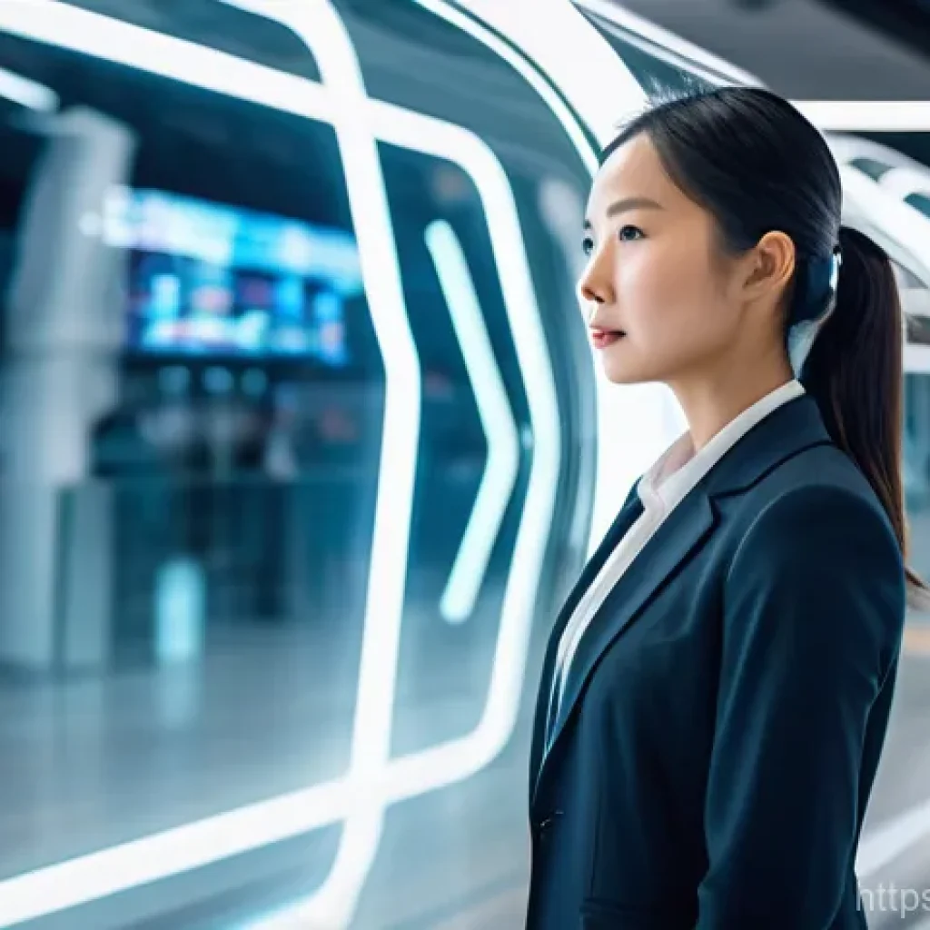 교통업계 이직과 적응 사례 - A focused and determined East Asian female professional in her early 30s, dressed in a sleek, modern...