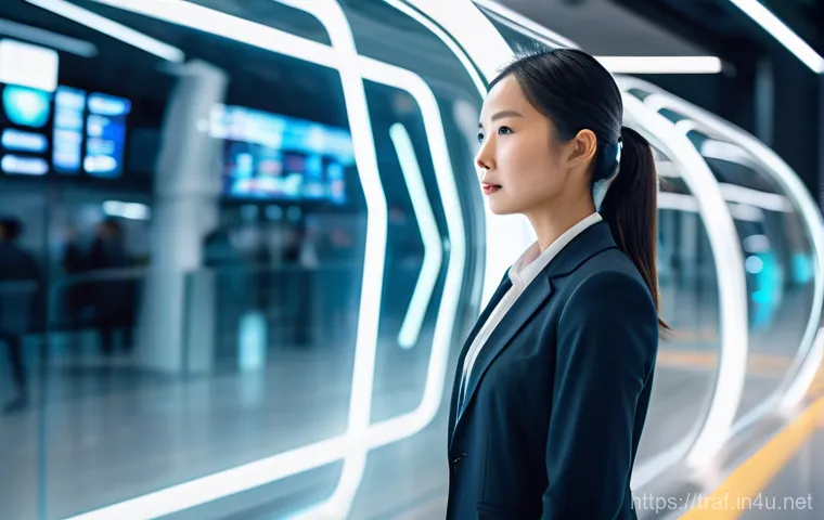 교통업계 이직과 적응 사례 - A focused and determined East Asian female professional in her early 30s, dressed in a sleek, modern...