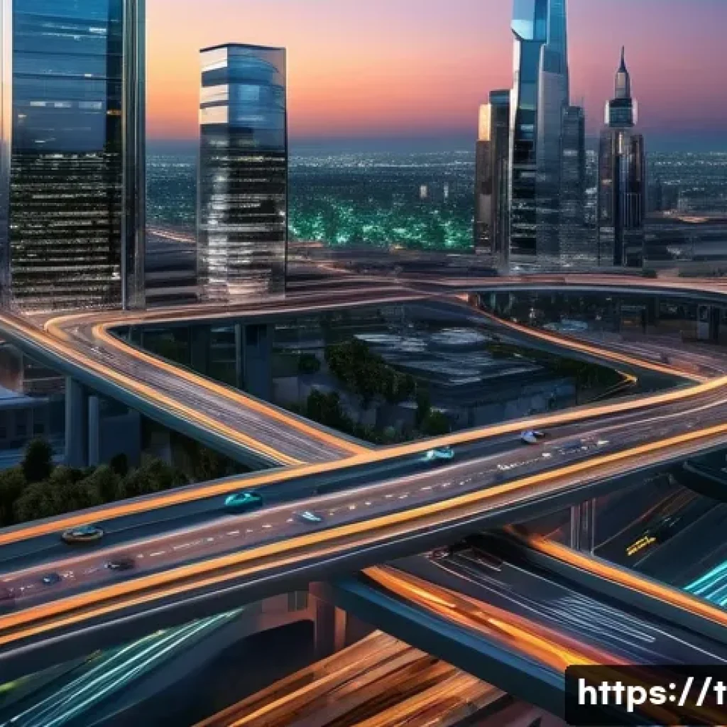 교통직 자격증의 유망 직종 - **A highly detailed, wide-angle shot of a futuristic urban landscape at sunset.** Self-driving cars ...
