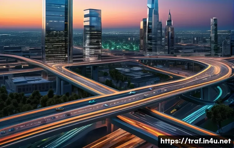 교통직 자격증의 유망 직종 - **A highly detailed, wide-angle shot of a futuristic urban landscape at sunset.** Self-driving cars ...
