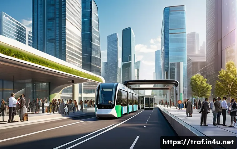 교통직 이직 후 커리어 변화 사례 - **Prompt 1: Futuristic Smart Mobility Hub**
A wide-angle shot of a bustling, futuristic smart ci...