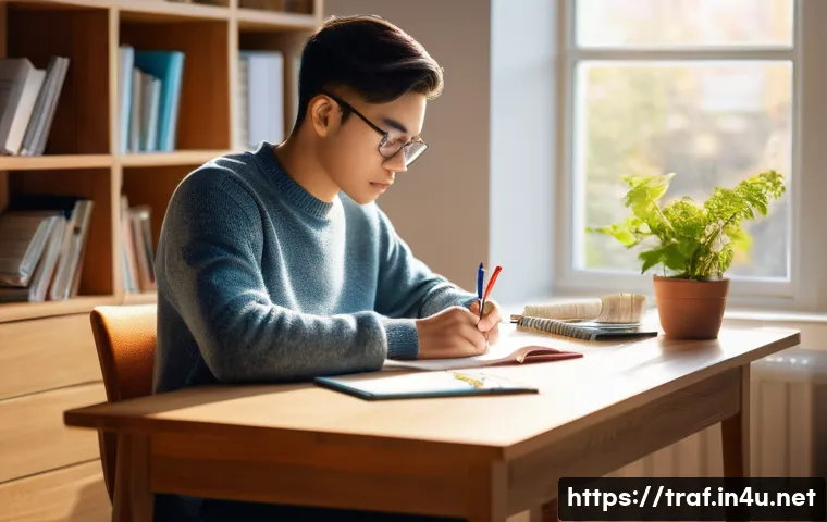 교통직 시험 유형별 공략법 - A focused young adult, either male or female, sitting at a neat wooden desk in a bright, modern stud...