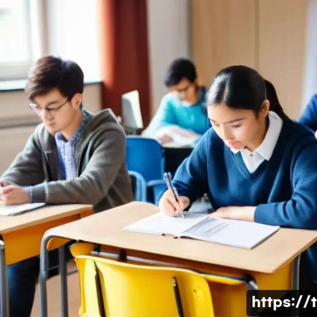 교통직 자격증 실기시험 준비 - A bright, modern classroom scene with a diverse group of young adults in their early 20s, actively p...