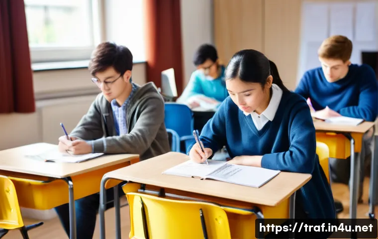 교통직 자격증 실기시험 준비 - A bright, modern classroom scene with a diverse group of young adults in their early 20s, actively p...