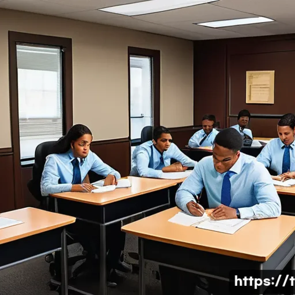 교통 분야 자격증 시험 일정 - A professional examination room scene showing diverse candidates seated at desks, focused on taking ...