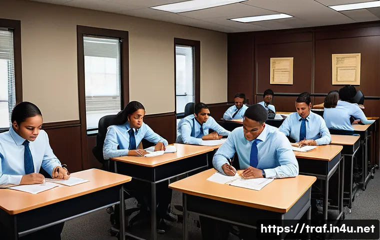 교통 분야 자격증 시험 일정 - A professional examination room scene showing diverse candidates seated at desks, focused on taking ...