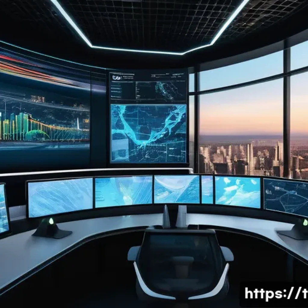 교통 관련 업계 사례 분석 - A futuristic urban traffic control center with large digital screens displaying real-time AI-powered...