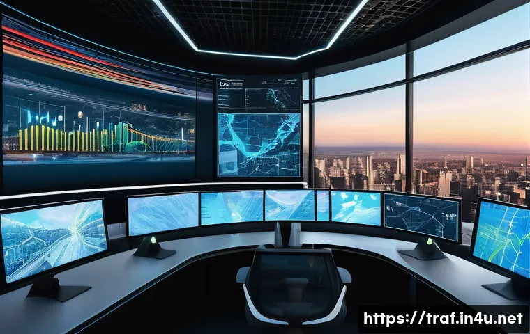 교통 관련 업계 사례 분석 - A futuristic urban traffic control center with large digital screens displaying real-time AI-powered...