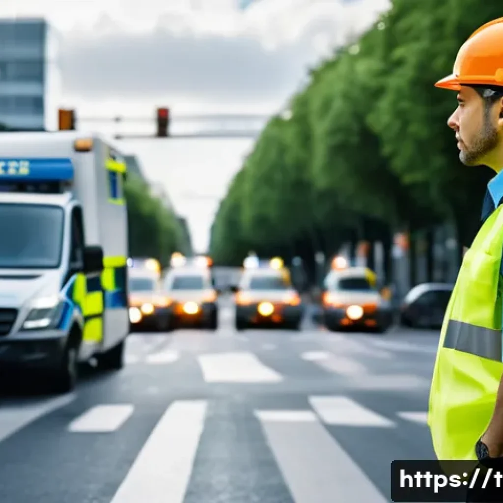 교통직 실무에서 자격증의 실제 활용 사례 - A detailed scene of a traffic safety manager wearing a reflective safety vest and helmet, actively d...