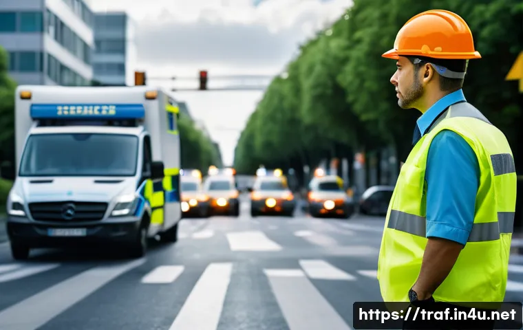 교통직 실무에서 자격증의 실제 활용 사례 - A detailed scene of a traffic safety manager wearing a reflective safety vest and helmet, actively d...