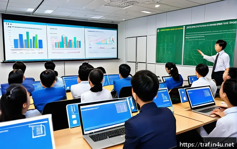교통 자격증 기출문제 분석 - A detailed classroom scene showing a diverse group of adult students attentively studying traffic ce...