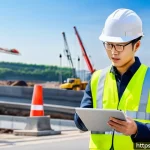 Home 23 교통직 자격증의 효용성과 가치 - A professional traffic engineer working on a modern construction site, wearing a safety helmet and r...