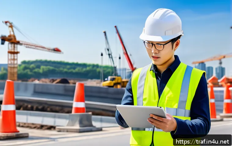 교통직 자격증의 효용성과 가치 - A professional traffic engineer working on a modern construction site, wearing a safety helmet and r...